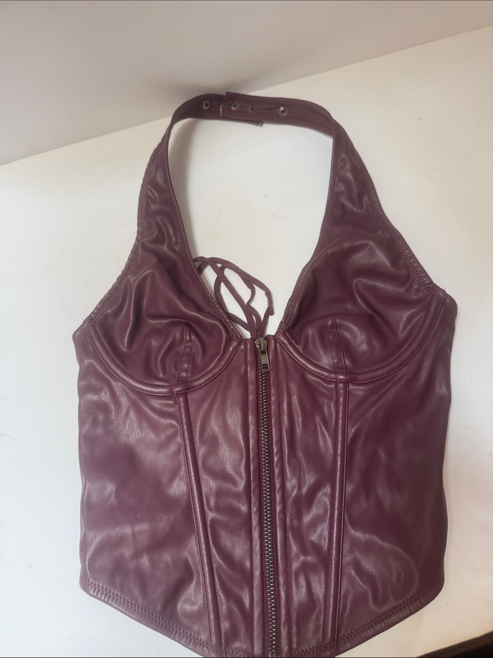Urban Outfitters Burgundy Faux Leather Halter Zip Front Bustier